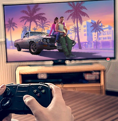 Grand Theft Auto charcters on TV while gaming