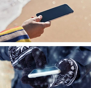 Phone in Sunlight at beach and Phone in winter snow